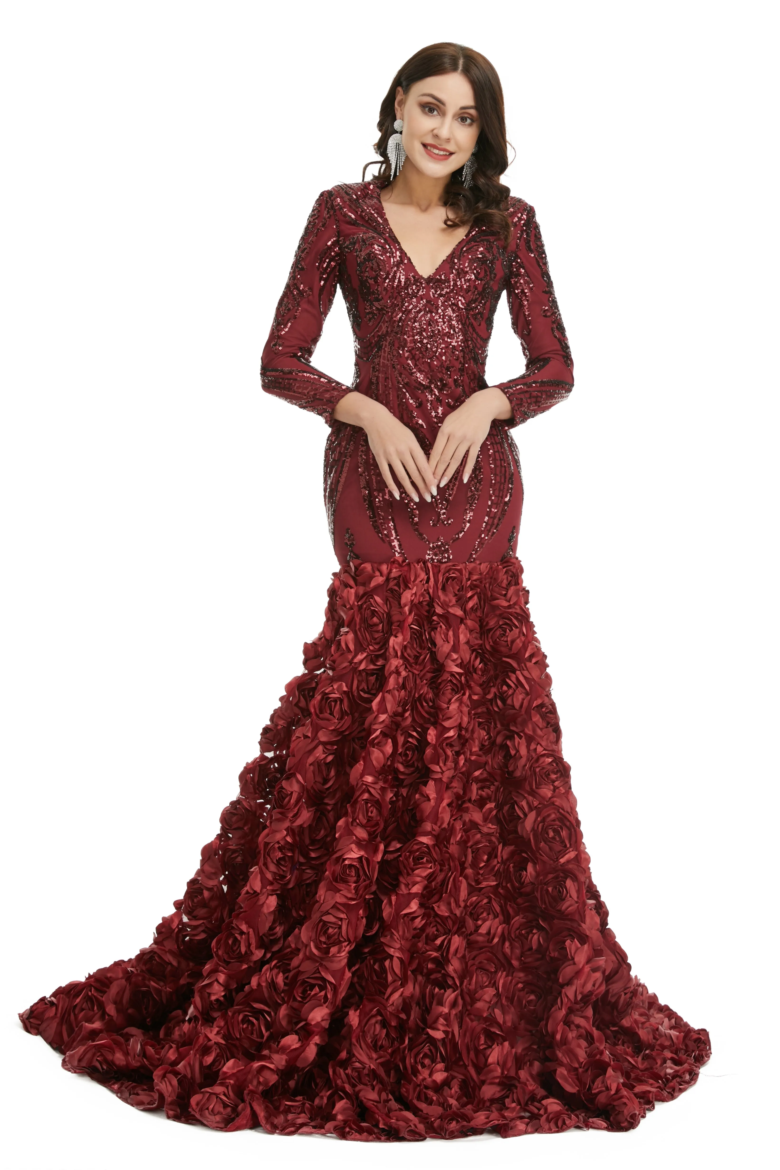 Prom Dress, Long V Neck Prom Gowns Full Sleeve Formal Dresses, Floor Length Dress
