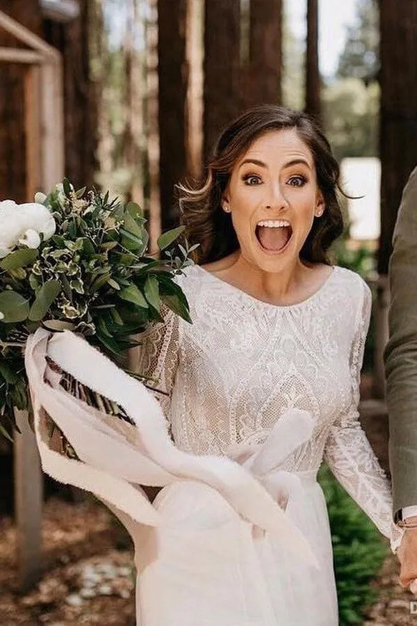 Romantic Ivory Chiffon Long Sleeve Wedding Dress Ivory Lace Bridal Gown