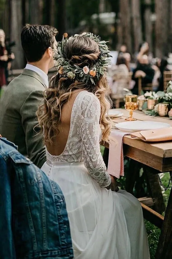 Romantic Ivory Chiffon Long Sleeve Wedding Dress Ivory Lace Bridal Gown