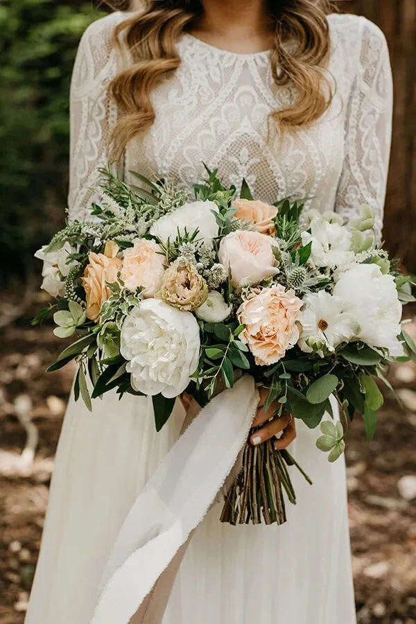 Romantic Ivory Chiffon Long Sleeve Wedding Dress Ivory Lace Bridal Gown