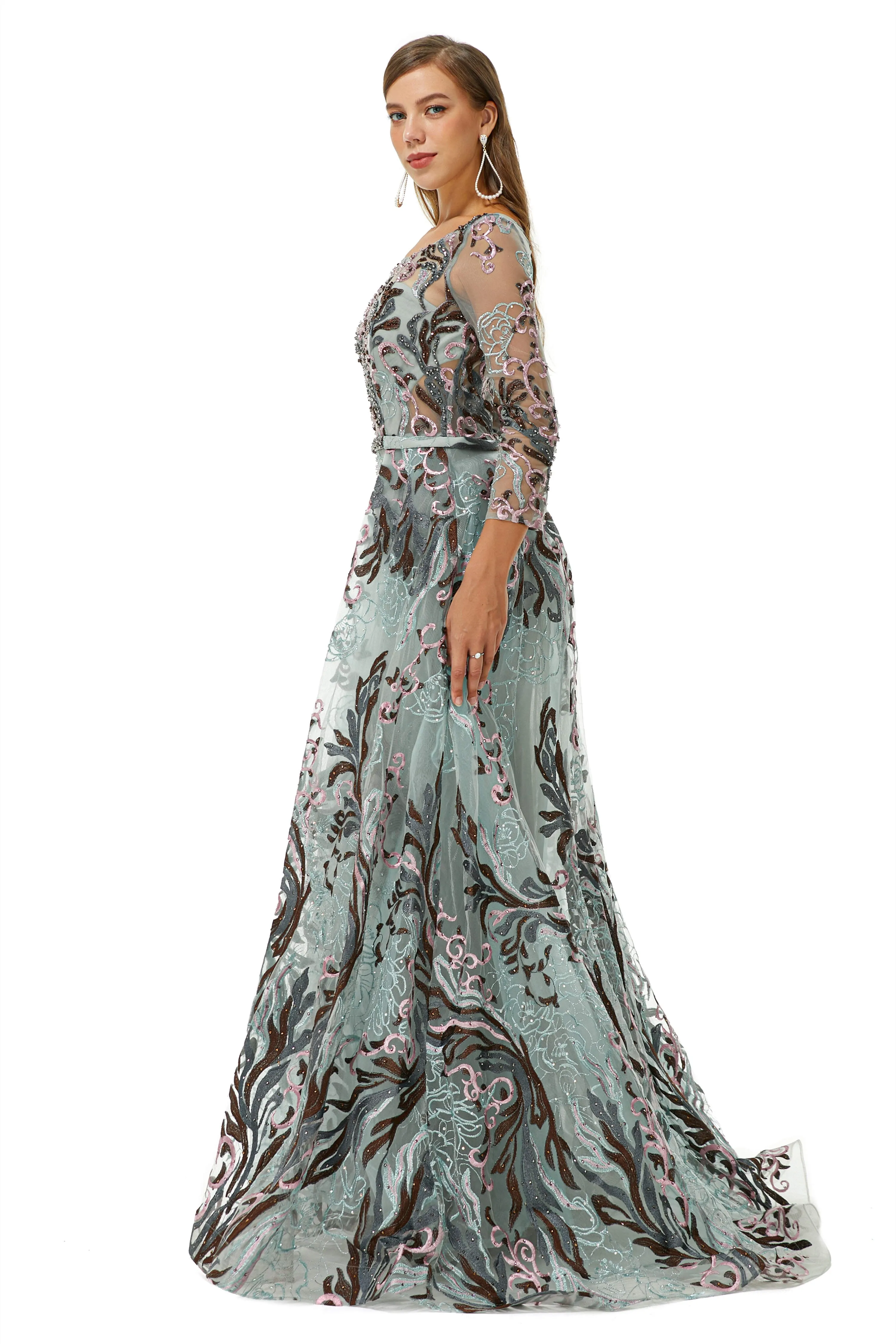 Round A-line Floor-length Long Sleeve Beading Appliques Lace Prom Dresses