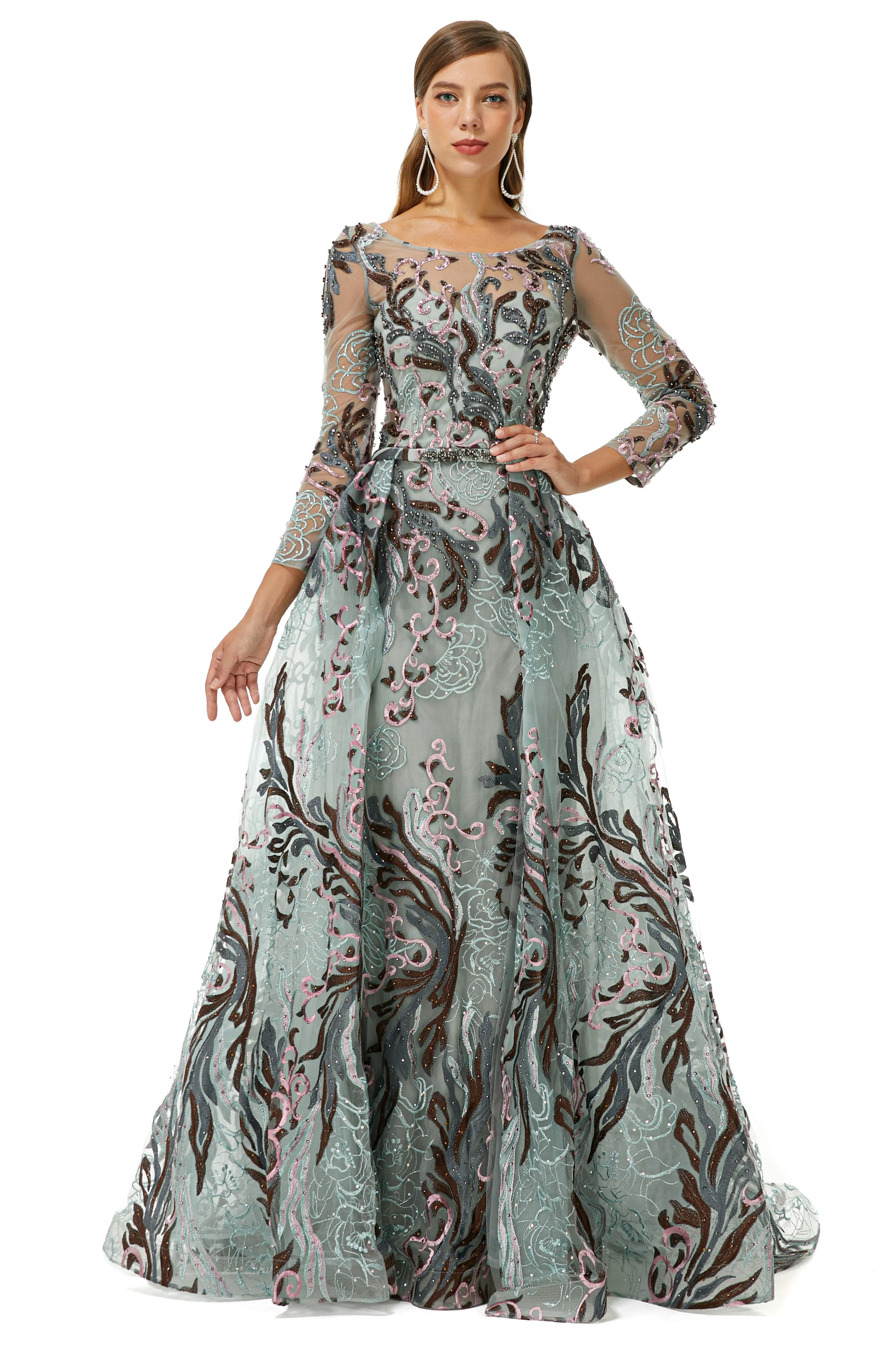 Round A-line Floor-length Long Sleeve Beading Appliques Lace Prom Dresses