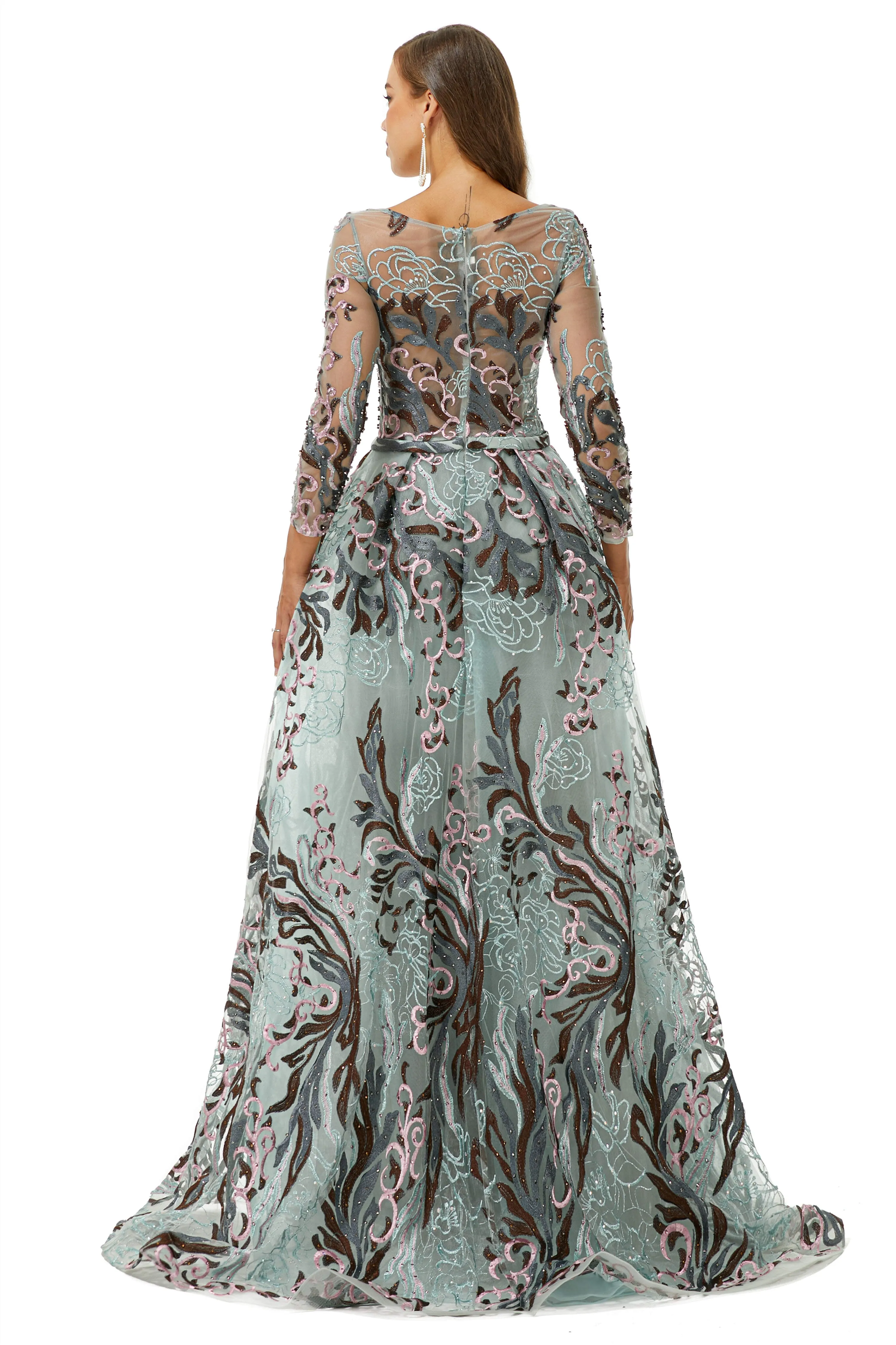 Round A-line Floor-length Long Sleeve Beading Appliques Lace Prom Dresses