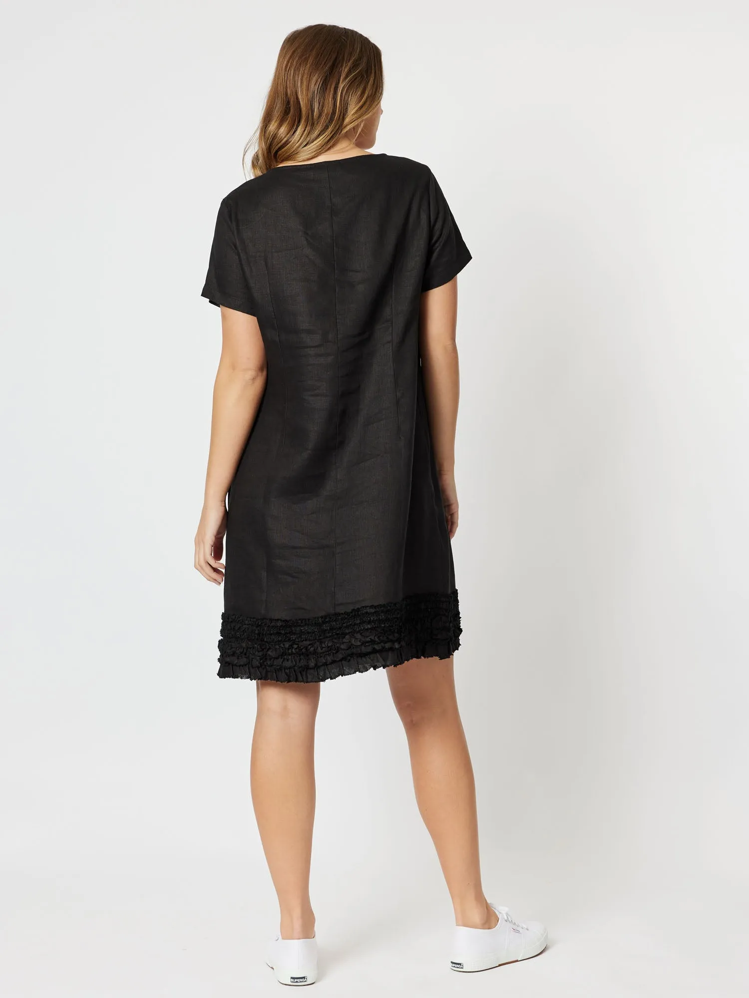 Ruffle Hem Linen Dress - Black