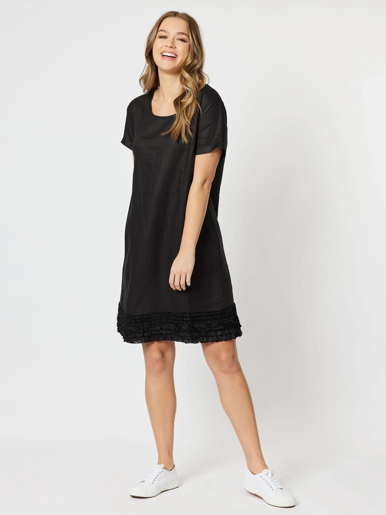 Ruffle Hem Linen Dress - Black