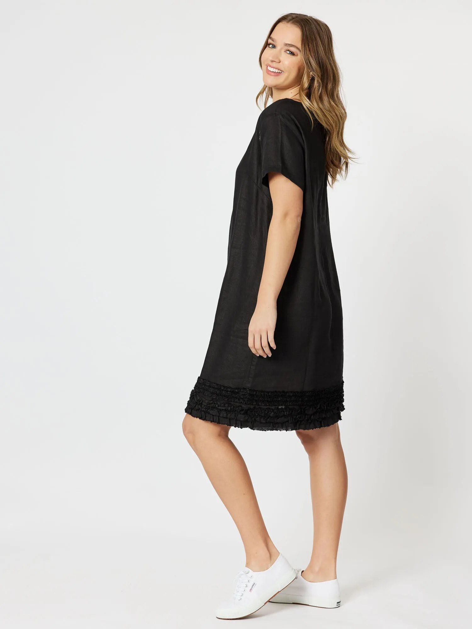Ruffle Hem Linen Dress - Black