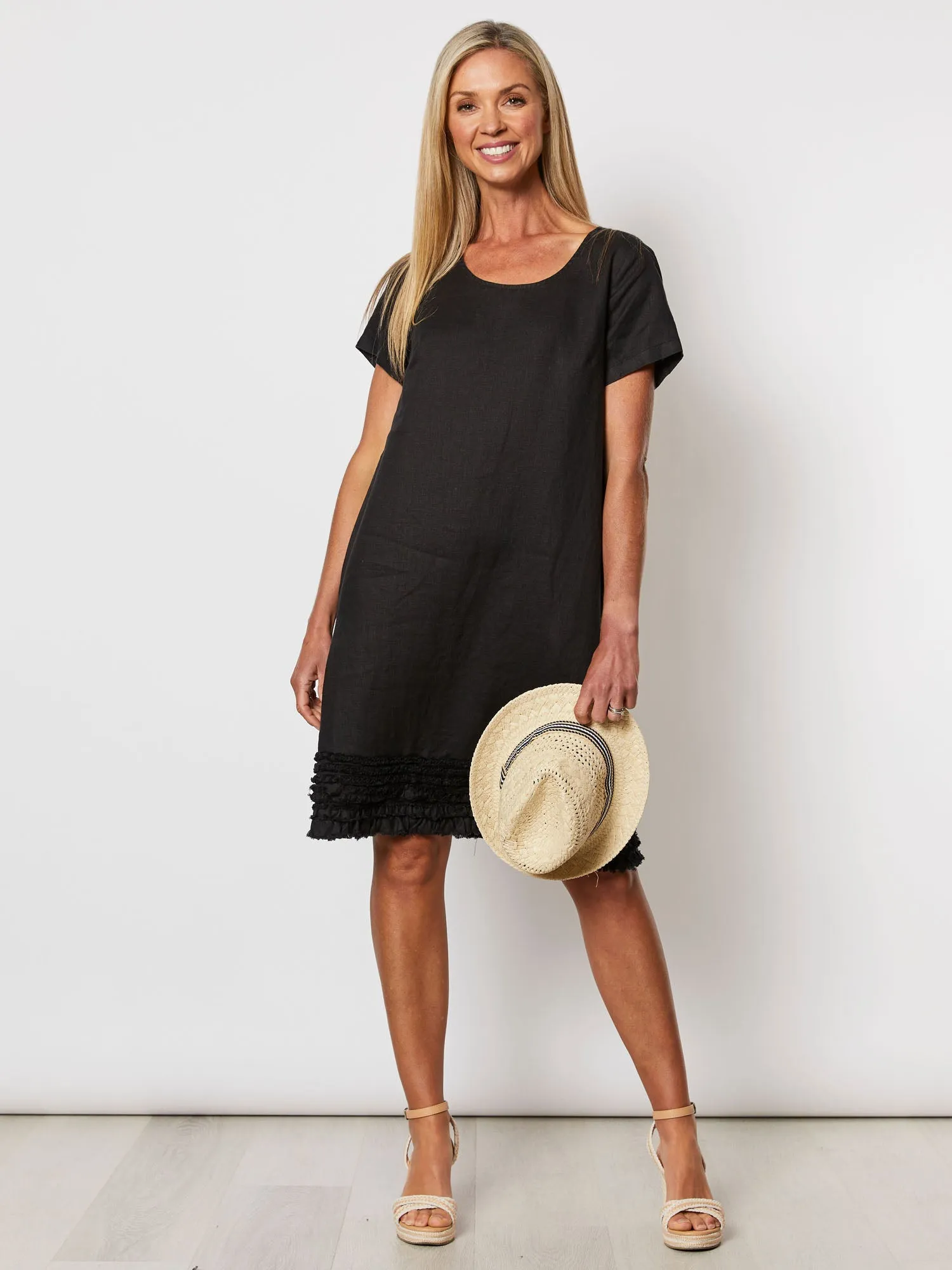 Ruffle Hem Linen Dress - Black