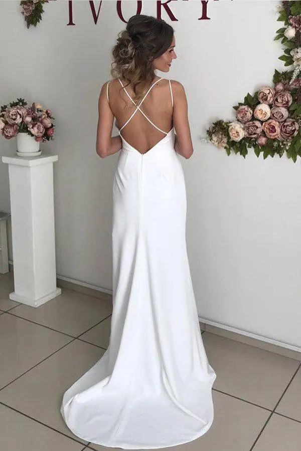 Sheath V Neck Ivory Satin Wedding Dress With Split