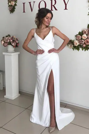 Sheath V Neck Ivory Satin Wedding Dress With Split