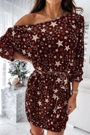 Star Print Drop Shoulder Belted Dress