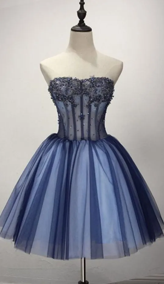 Strapless Appliques Tulle Beaded Pleated Dark Blue Cute Elegant Homecoming Dresses