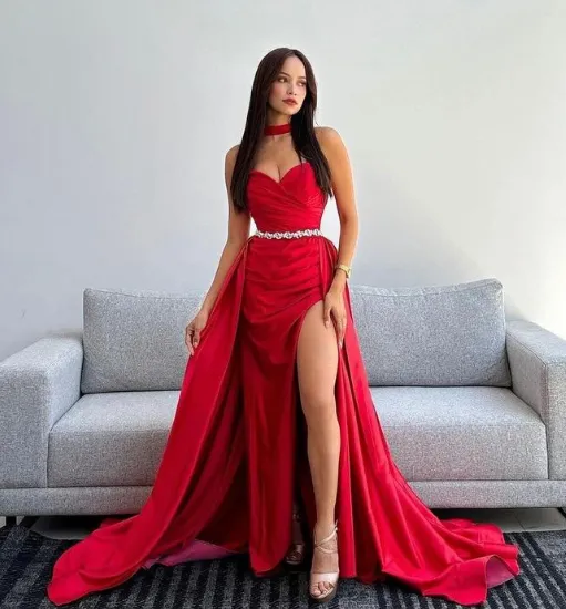 Sweetheart Sheath Prom Dress Half Sleeves High Slit Satin Train Beads Party Dress with Overskirt