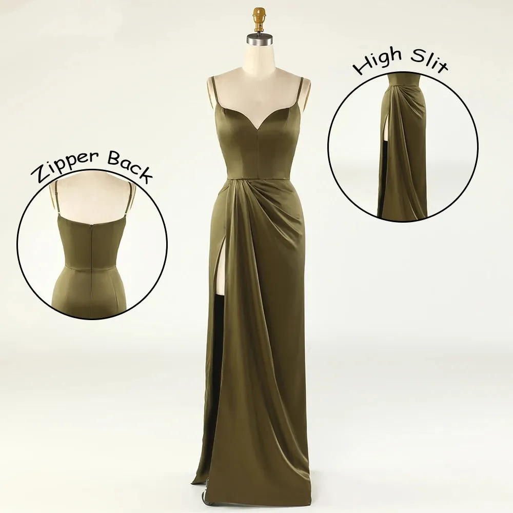 Thin Straps Simple Prom Gowns With Leg Slit Side