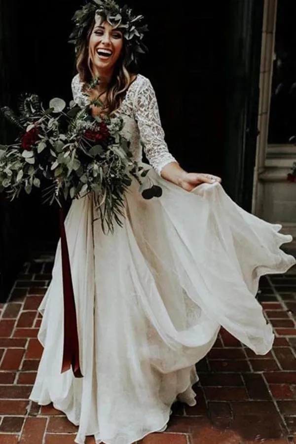 Two Piece Ivory Chiffon Wedding Dress 3/4 Sleeve Bridal Gown