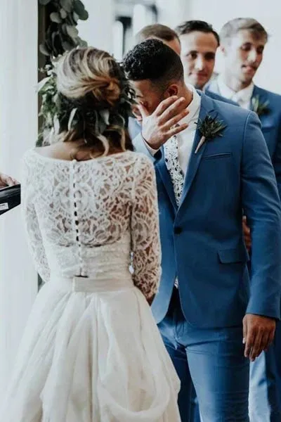 Two Piece Ivory Chiffon Wedding Dress 3/4 Sleeve Bridal Gown