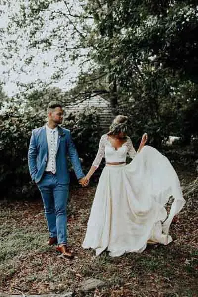 Two Piece Ivory Chiffon Wedding Dress 3/4 Sleeve Bridal Gown