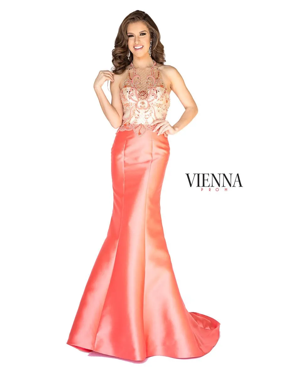 Vienna Prom 8254 Blue Illusion Halter Mermaid Dress