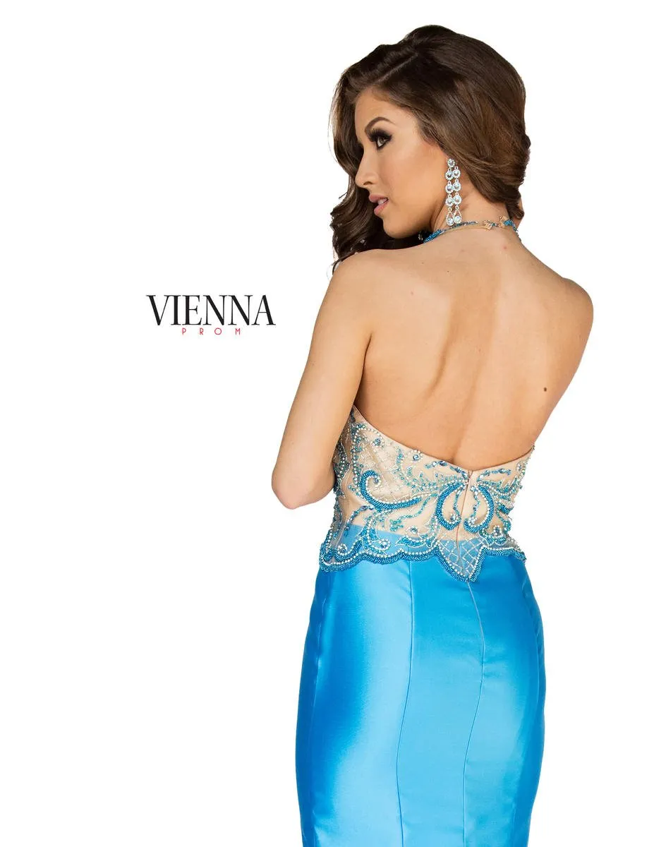 Vienna Prom 8254 Blue Illusion Halter Mermaid Dress
