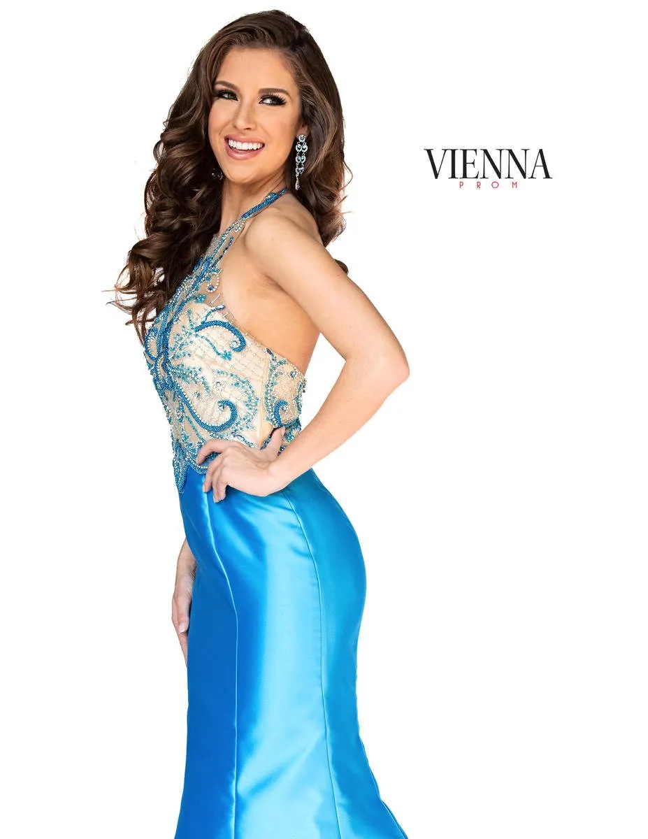 Vienna Prom 8254 Blue Illusion Halter Mermaid Dress