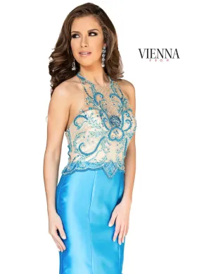 Vienna Prom 8254 Blue Illusion Halter Mermaid Dress