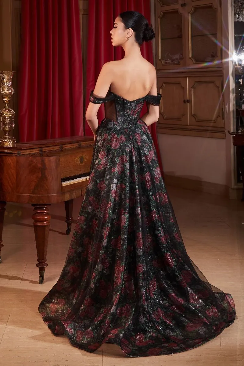Vogue Prom Dress Off the Shoulder Floral Gown 740806TTR-Black Cinderella Divine CD806 LaDivine CD806