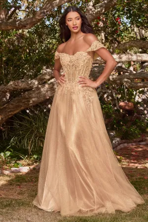Whimsy Off the Shoulder Ballgown Prom Dress 740198TRR-ChampagneGold Cinderella Divine CD0198 LaDivine CD0198
