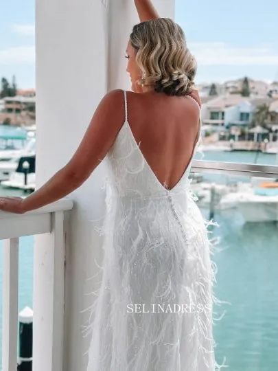 White Deep V neck Plus Size Wedding Dresses Feather Bridal Dresses EWR901