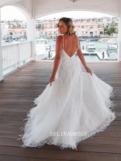 White Deep V neck Plus Size Wedding Dresses Feather Bridal Dresses EWR901
