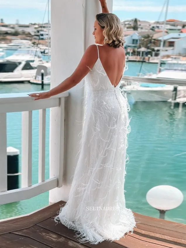 White Deep V neck Plus Size Wedding Dresses Feather Bridal Dresses EWR901