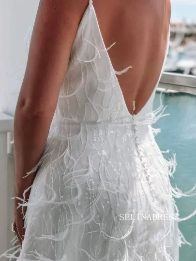 White Deep V neck Plus Size Wedding Dresses Feather Bridal Dresses EWR901