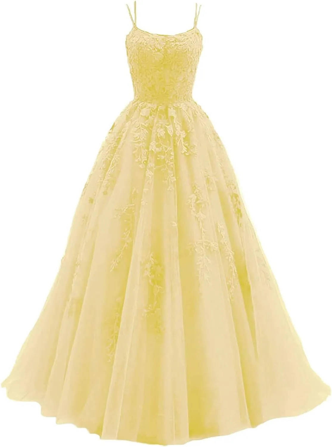Women's Lace Appliques Prom Dresses Long Spaghetti Strap Ball Gowns Tulle Formal Dress for Party