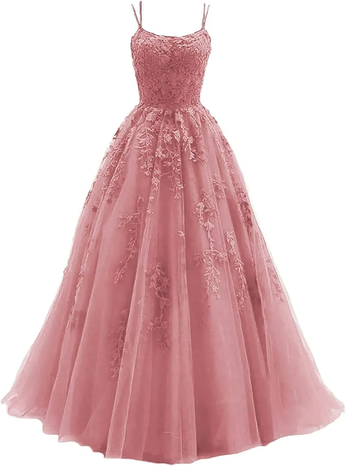 Women's Lace Appliques Prom Dresses Long Spaghetti Strap Ball Gowns Tulle Formal Dress for Party