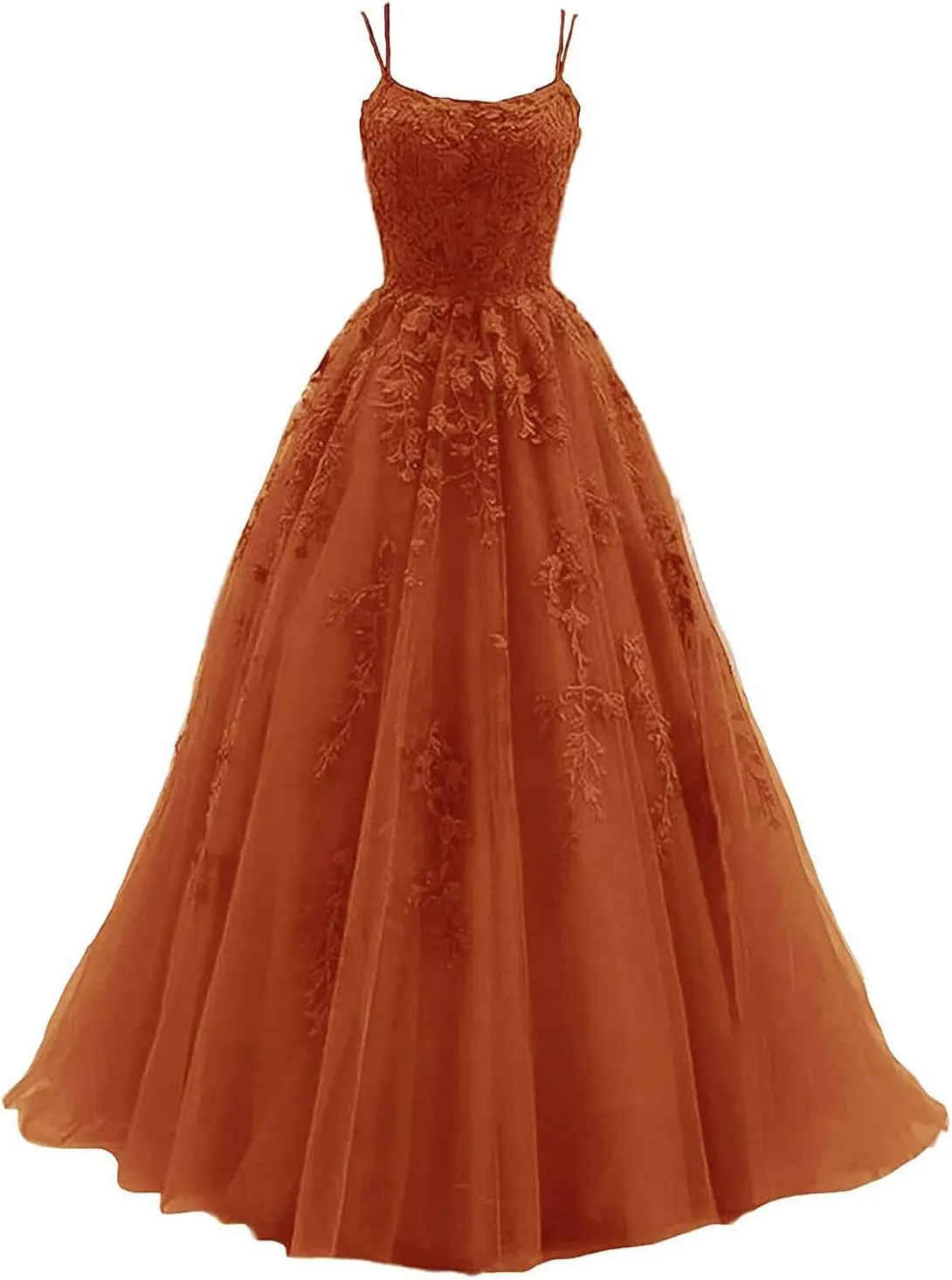 Women's Lace Appliques Prom Dresses Long Spaghetti Strap Ball Gowns Tulle Formal Dress for Party