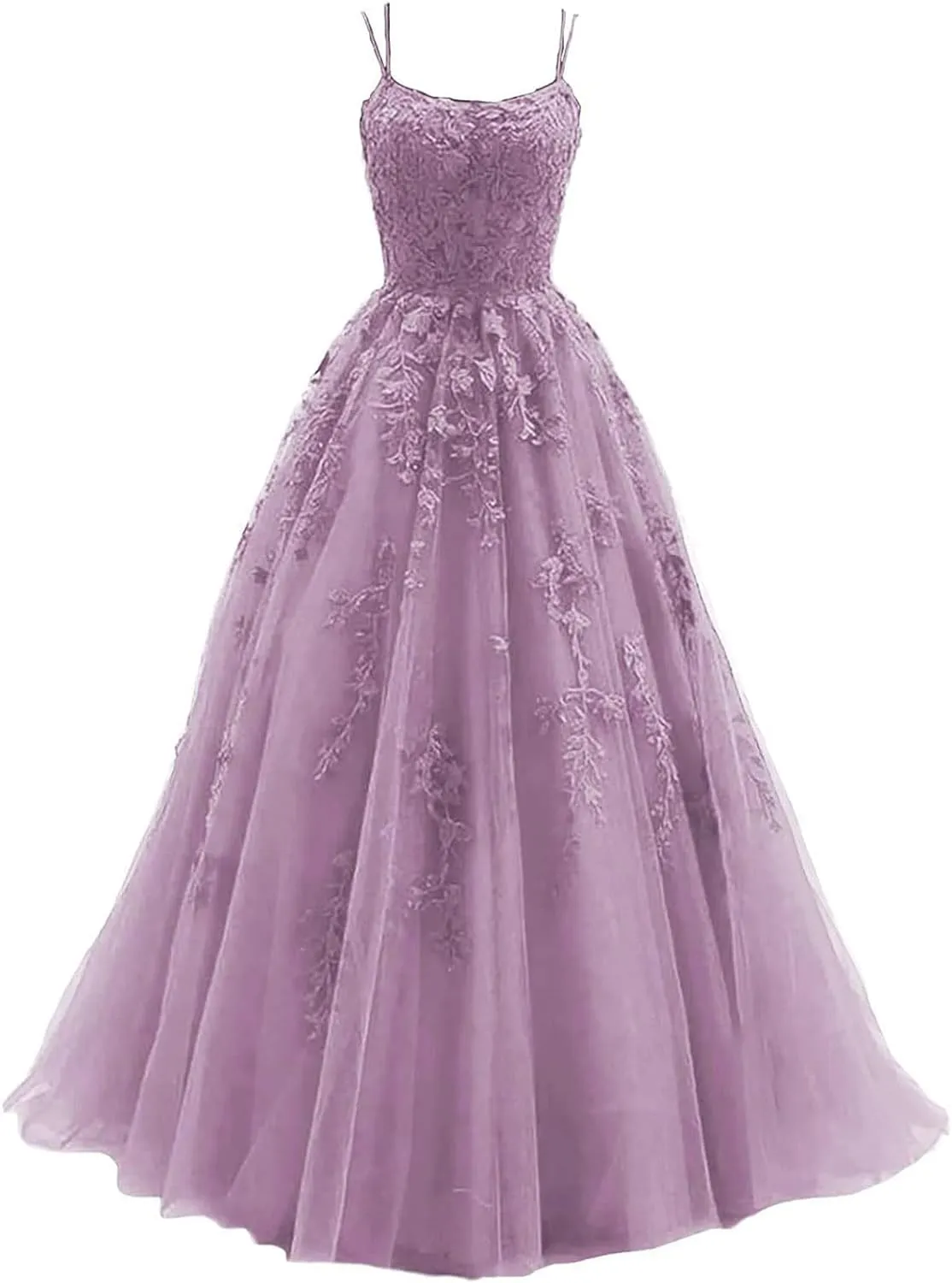 Women's Lace Appliques Prom Dresses Long Spaghetti Strap Ball Gowns Tulle Formal Dress for Party