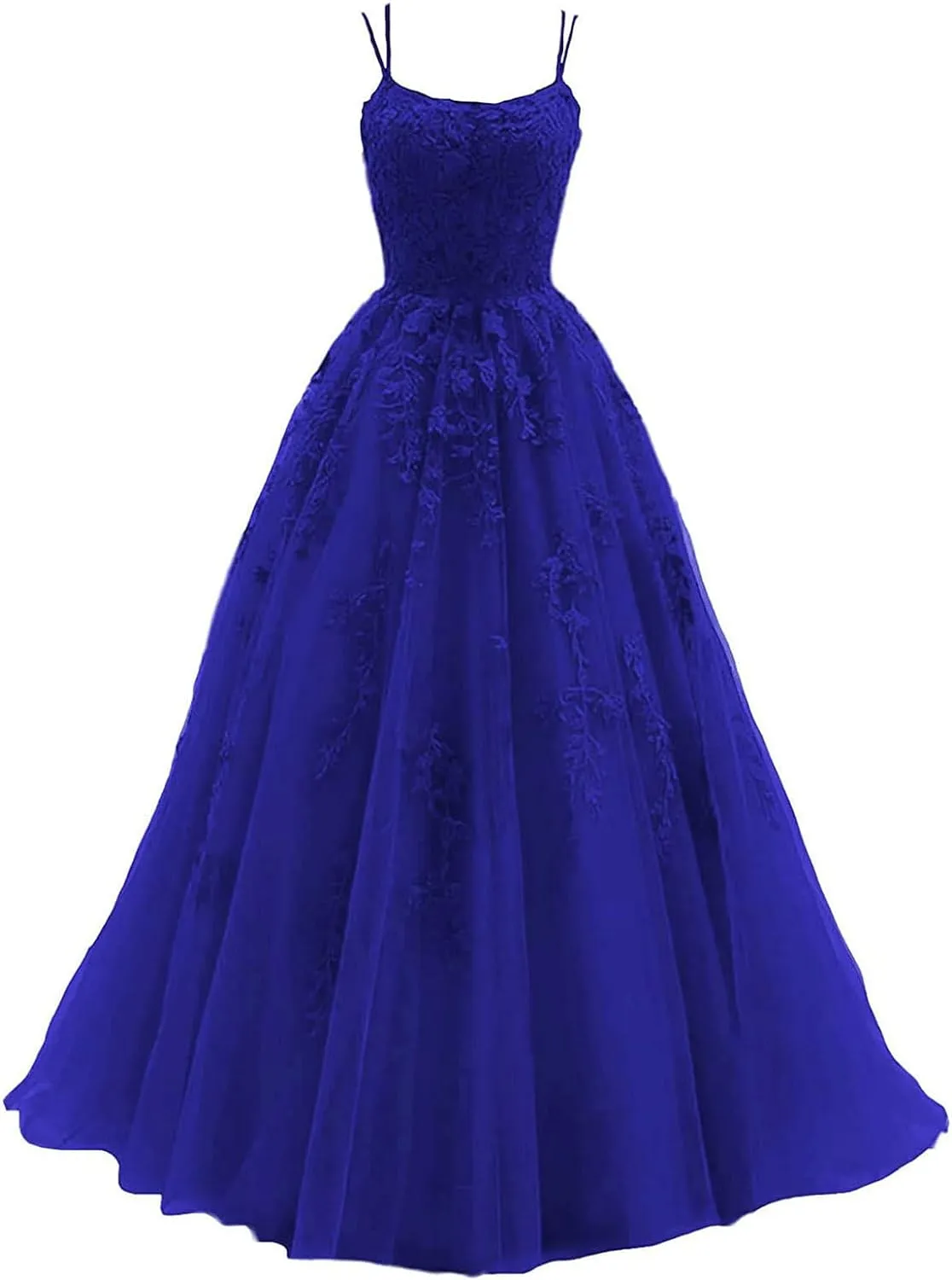 Women's Lace Appliques Prom Dresses Long Spaghetti Strap Ball Gowns Tulle Formal Dress for Party