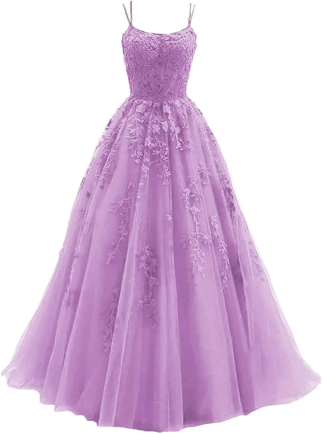 Women's Lace Appliques Prom Dresses Long Spaghetti Strap Ball Gowns Tulle Formal Dress for Party