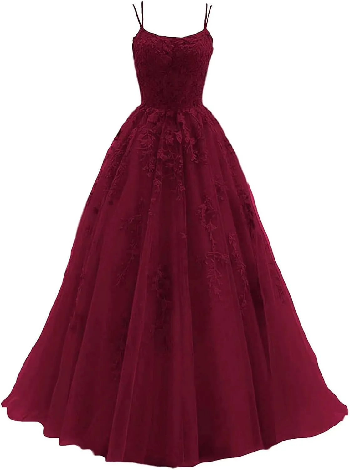 Women's Lace Appliques Prom Dresses Long Spaghetti Strap Ball Gowns Tulle Formal Dress for Party