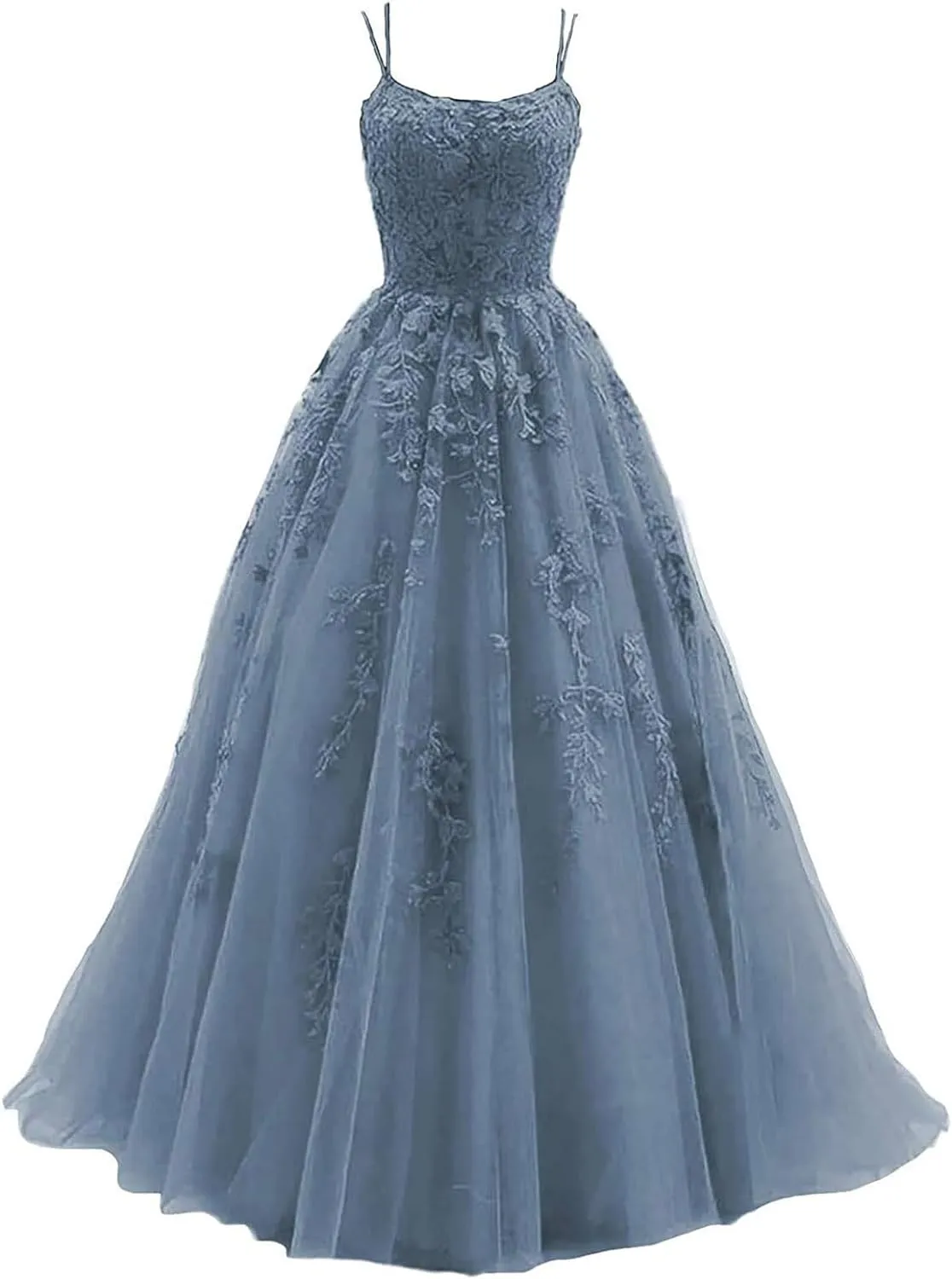 Women's Lace Appliques Prom Dresses Long Spaghetti Strap Ball Gowns Tulle Formal Dress for Party