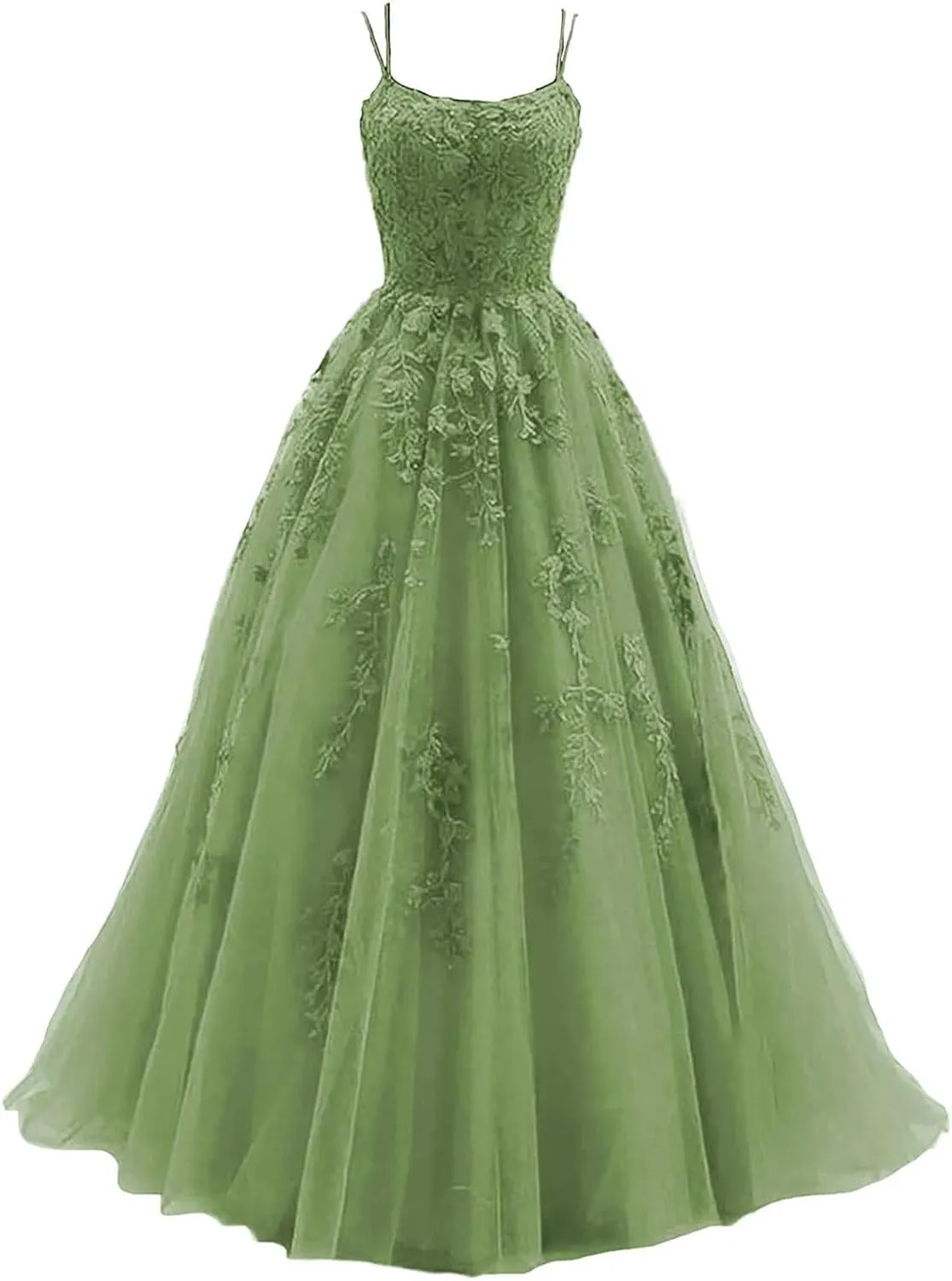 Women's Lace Appliques Prom Dresses Long Spaghetti Strap Ball Gowns Tulle Formal Dress for Party