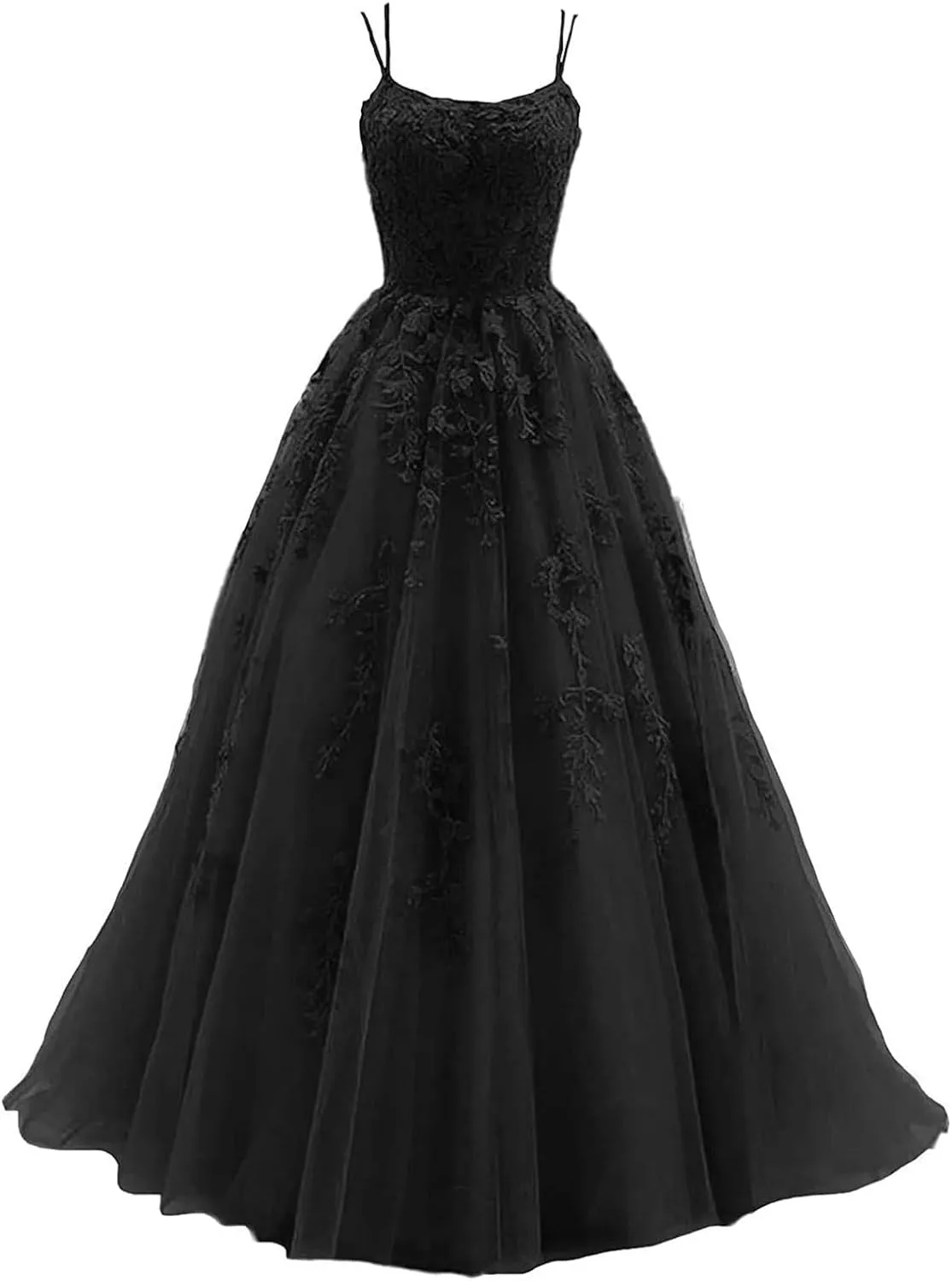Women's Lace Appliques Prom Dresses Long Spaghetti Strap Ball Gowns Tulle Formal Dress for Party