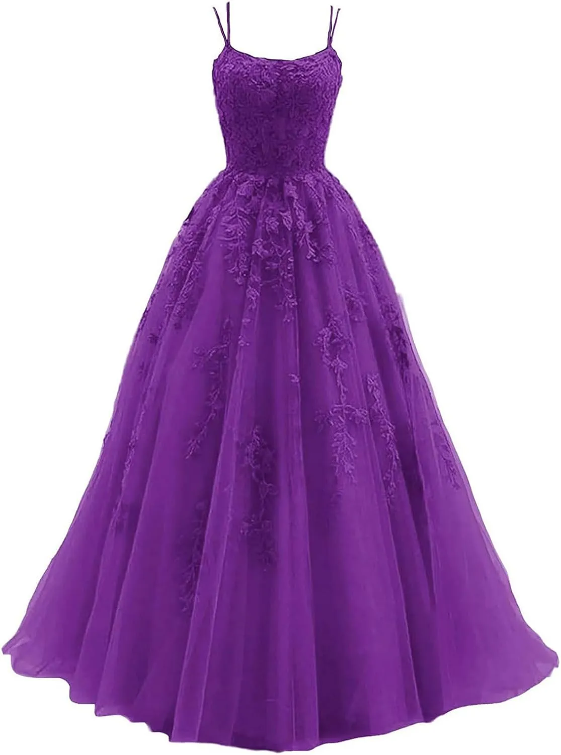 Women's Lace Appliques Prom Dresses Long Spaghetti Strap Ball Gowns Tulle Formal Dress for Party