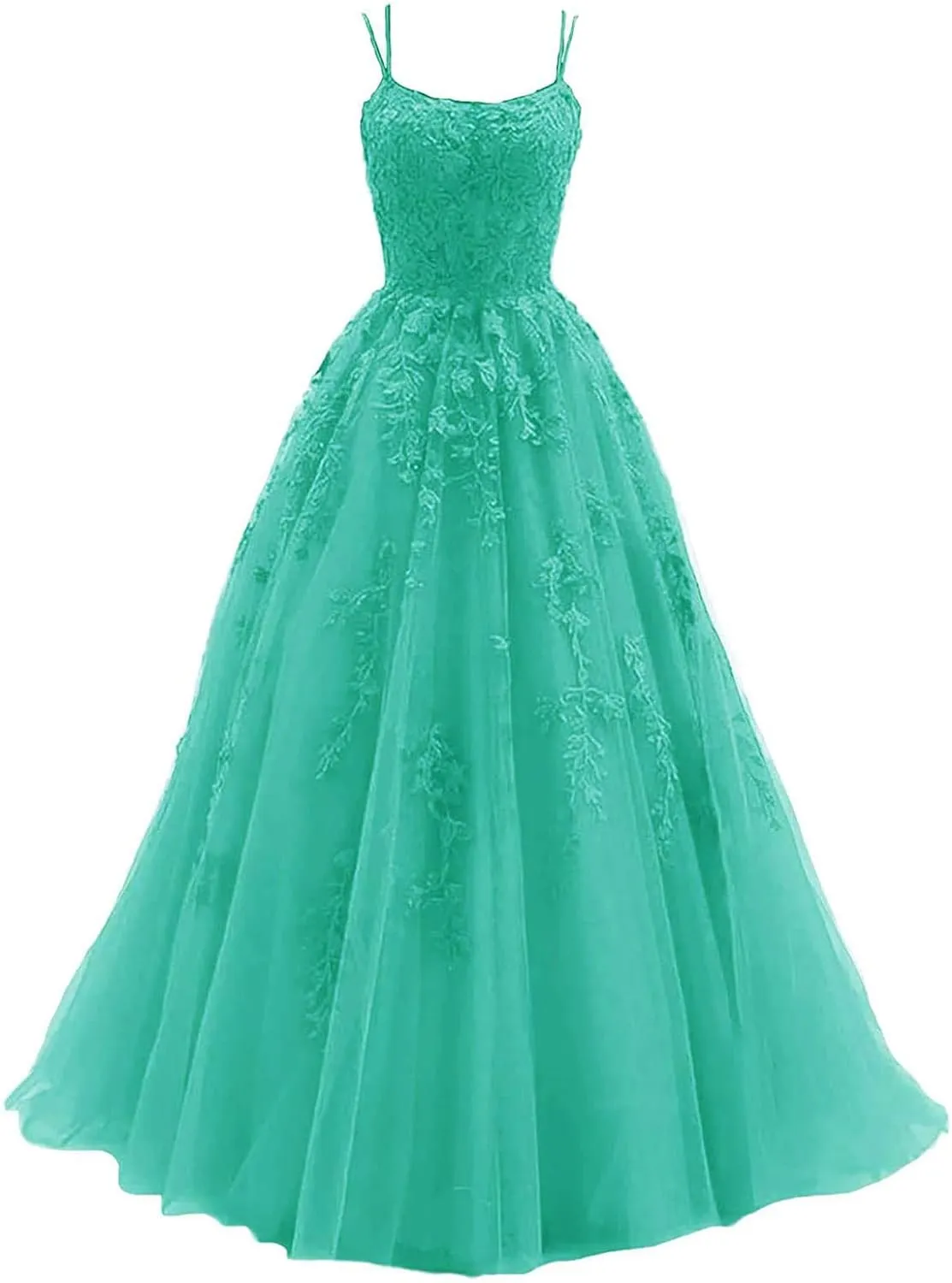 Women's Lace Appliques Prom Dresses Long Spaghetti Strap Ball Gowns Tulle Formal Dress for Party