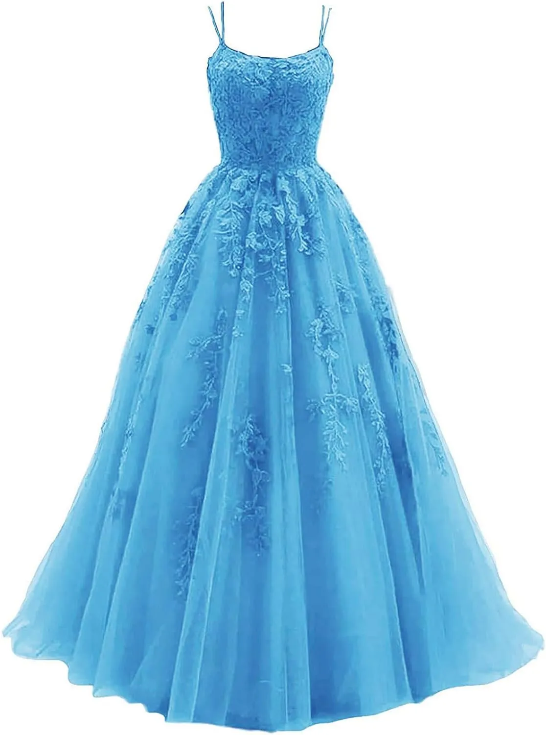 Women's Lace Appliques Prom Dresses Long Spaghetti Strap Ball Gowns Tulle Formal Dress for Party