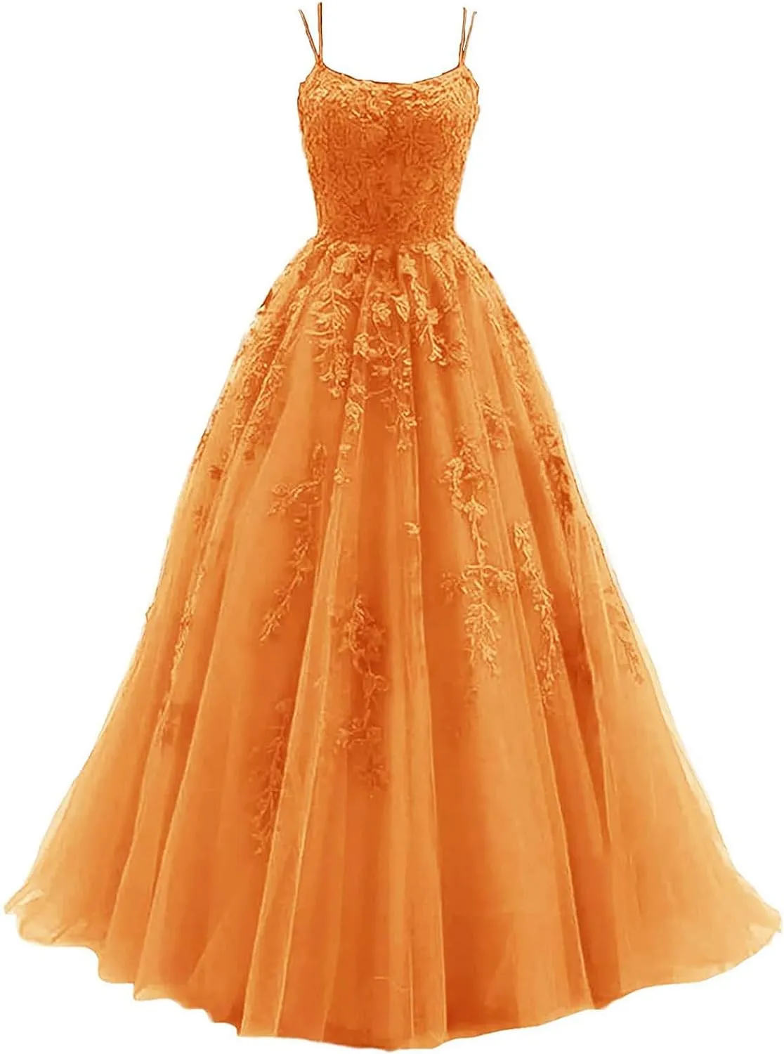 Women's Lace Appliques Prom Dresses Long Spaghetti Strap Ball Gowns Tulle Formal Dress for Party