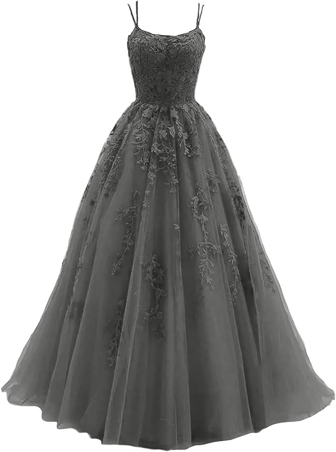 Women's Lace Appliques Prom Dresses Long Spaghetti Strap Ball Gowns Tulle Formal Dress for Party