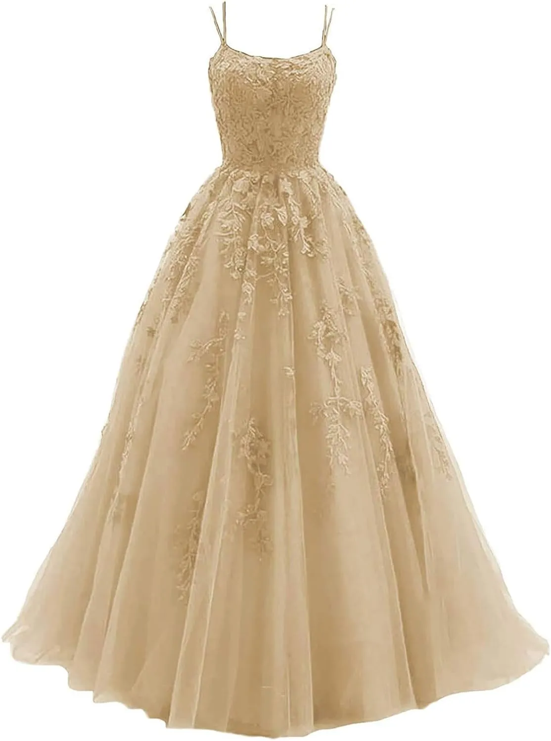 Women's Lace Appliques Prom Dresses Long Spaghetti Strap Ball Gowns Tulle Formal Dress for Party
